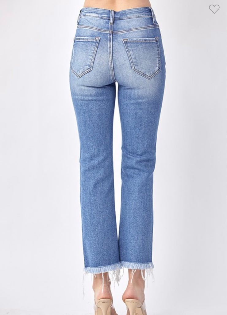 Mid Rise Raw Hem Straight Jeans- No Rips