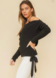 Black Ribbed Sweater With Tie Waist And Cold Shoulder