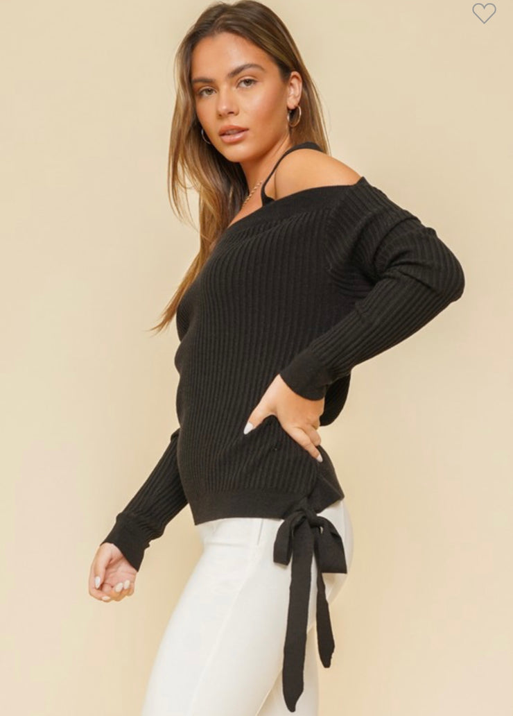Black Ribbed Sweater With Tie Waist And Cold Shoulder