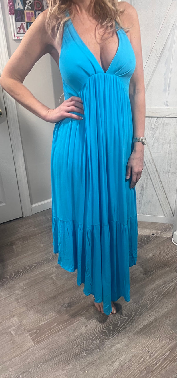 Turquoise Blue Handkerchief Drape Halter Dress -Available in Black Too