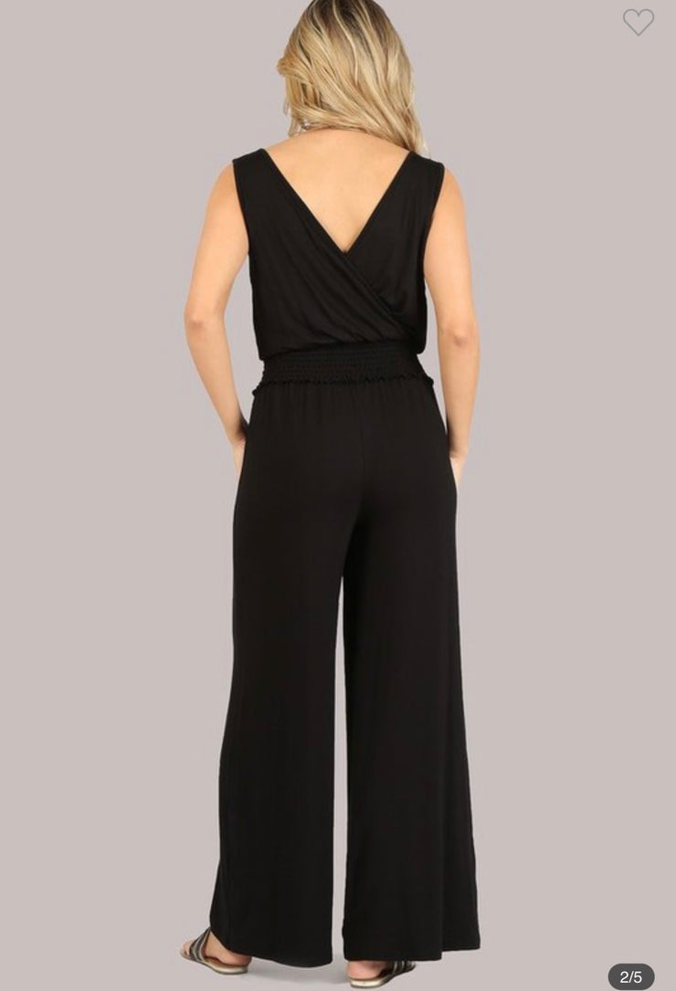 Black Criss Cross Jumpsuit with Smocked Waist