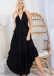 Black Handkerchief Drape Halter Dress (2 Colors)