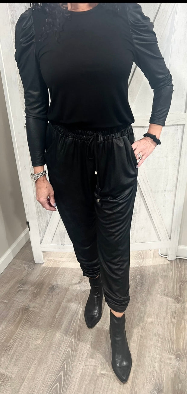 Ariella Black Ruched Joggers (Matching Puff Shoulder Top  or Off Shoulder Top  Available)