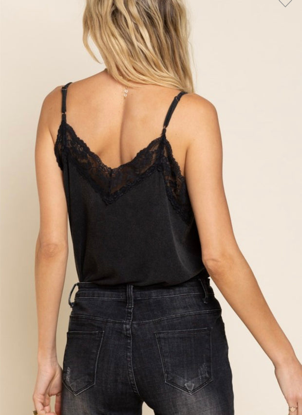 Black Sleeveless Lace Trim Knit Tank Top