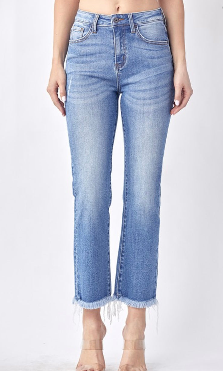 Mid Rise Raw Hem Straight Jeans- No Rips