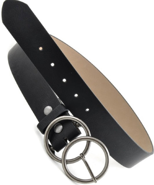 Black Vegan Leather Double Silver Buckle Belt