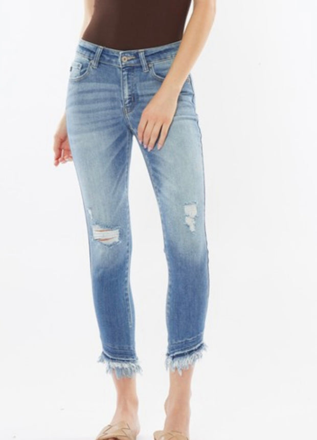 KanCan Mid Rise Diagonal Frayed Hem Ankle Skinny Jeans