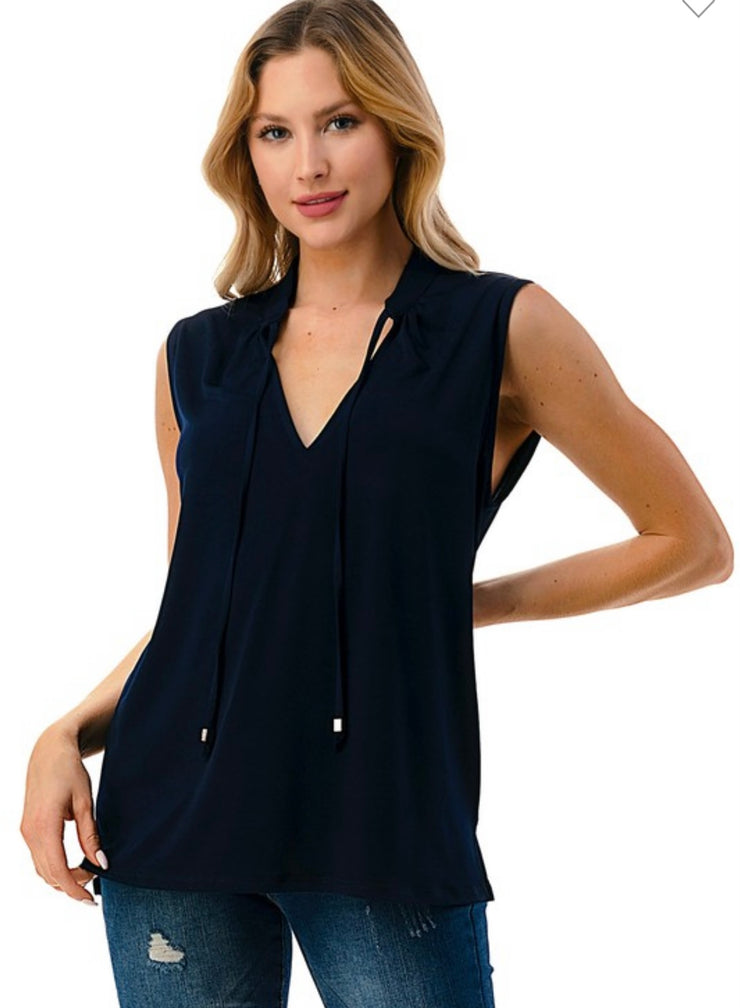 Black Sleeveless V Neck Top With Tie Detailed Neck