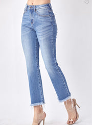 Mid Rise Raw Hem Straight Jeans- No Rips