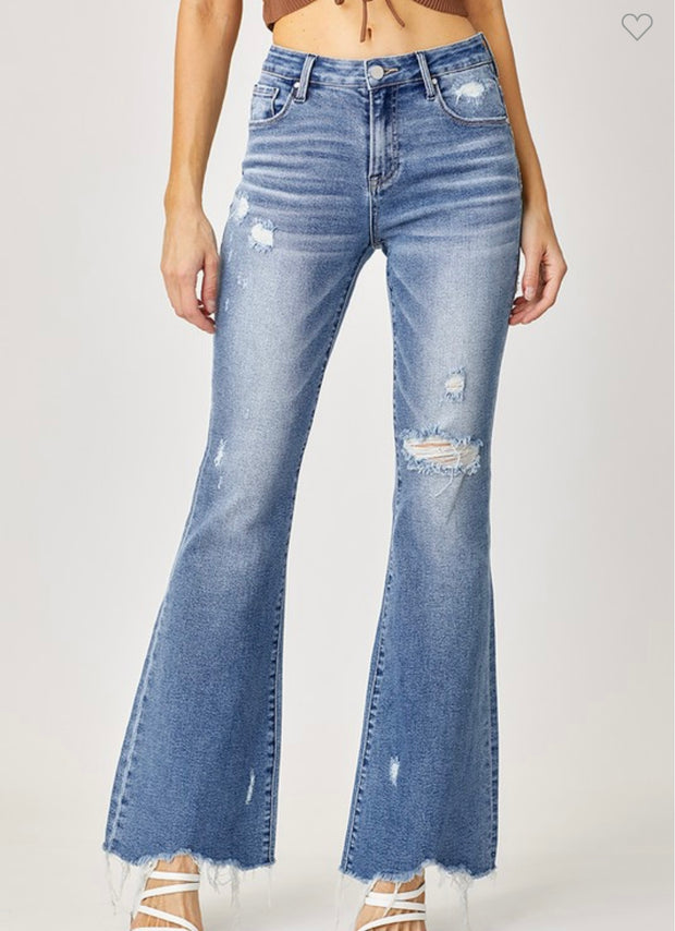 Mid Rise Distressed Flare Jeans